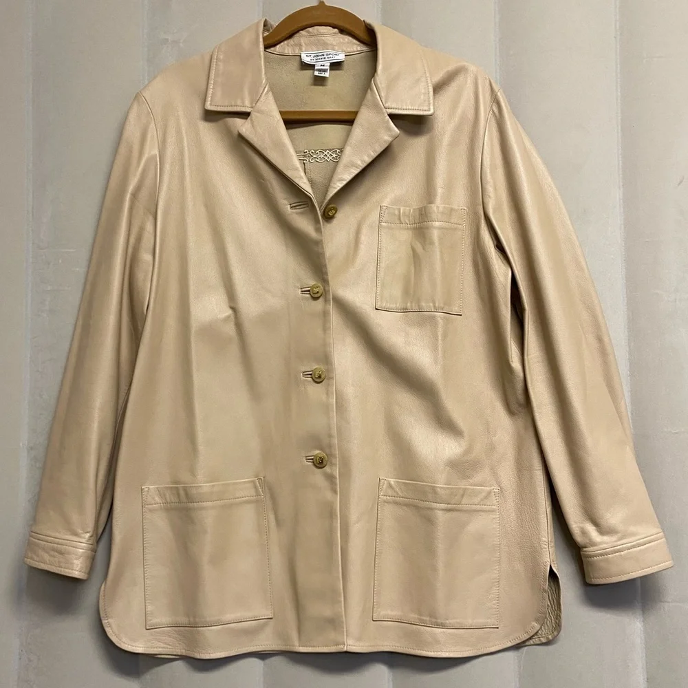 St. John Sport Marie Gray Women’s Jacket Medium 100% Leather Luxury Neutral